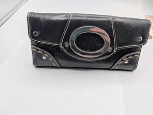 Payless SS VTG Black Faux Leather Bifold Clutch Wallet Silver Tone Accents